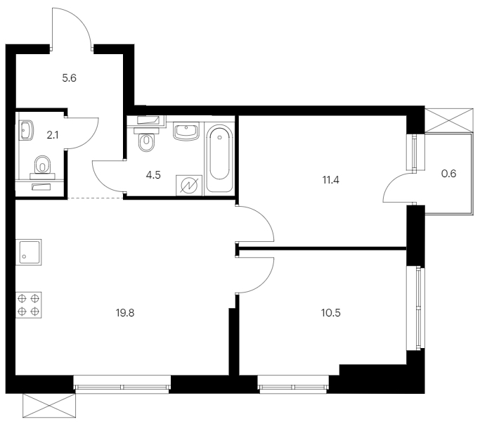 2-комнатная квартира 54.5 м², 9/12 эт., ЖК «Шкиперский 19»